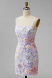 Lilac Floral Sparkly Sequin Beaded Short Cocktail Dress