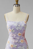 Lilac Floral Sparkly Sequin Beaded Short Cocktail Dress