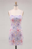 Lilac Floral Sparkly Sequin Beaded Short Cocktail Dress