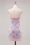 Lilac Floral Sparkly Sequin Beaded Short Cocktail Dress