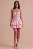 Sparkly Pink Floral Beaded Short Cocktail Dress