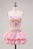 Sparkly Pink Floral Beaded Short Cocktail Dress