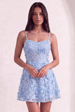 Light Blue Floral A Line Short Cocktail Dress
