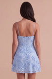 Light Blue Floral A Line Short Cocktail Dress
