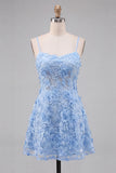 Light Blue Floral A Line Short Cocktail Dress