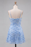 Light Blue Floral A Line Short Cocktail Dress