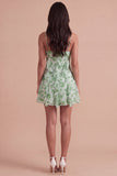 Green Floral Ruffled A Line Short Cocktail Dress