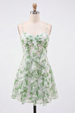 Green Floral Ruffled A Line Short Cocktail Dress