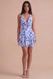 Blue Floral A Line Halter Ruffled Short Cocktail Dress