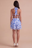 Blue Floral A Line Halter Ruffled Short Cocktail Dress