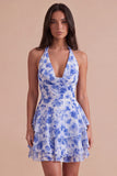 Blue Floral A Line Halter Ruffled Short Cocktail Dress