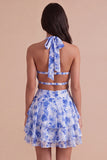 Blue Floral A Line Halter Ruffled Short Cocktail Dress