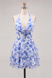 Blue Floral A Line Halter Ruffled Short Cocktail Dress