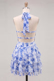 Blue Floral A Line Halter Ruffled Short Cocktail Dress