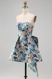 Pink Floral Beaded Short Cocktail Dress with Bow
