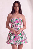 Pink Floral Beaded Short Cocktail Dress with Bow
