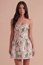 Pink Floral Beaded Short Cocktail Dress with Bow