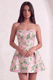 Pink Floral Beaded Short Cocktail Dress with Bow