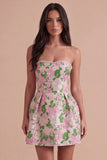 Pink Floral Beaded Short Cocktail Dress with Bow