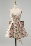 Pink Floral Beaded Short Cocktail Dress with Bow