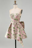 Pink Floral Beaded Short Cocktail Dress with Bow