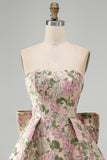 Pink Floral Beaded Short Cocktail Dress with Bow