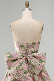Pink Floral Beaded Short Cocktail Dress with Bow