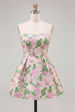 Pink Floral Beaded Short Cocktail Dress with Bow