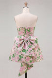 Pink Floral Beaded Short Cocktail Dress with Bow