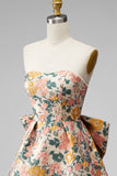 Pink Floral Beaded Short Cocktail Dress with Bow