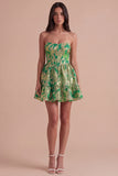 Green Floral Jacquard Corset A Line Short Cocktail Dress