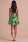 Green Floral Jacquard Corset A Line Short Cocktail Dress