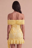 Yellow Floral Ruffled Bodycon Short Cocktail Dress