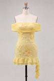 Yellow Floral Ruffled Bodycon Short Cocktail Dress