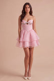 Pink Corset Beaded Ruffled Short Cocktail Dress