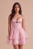 Pink Corset Beaded Ruffled Short Cocktail Dress