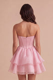 Pink Corset Beaded Ruffled Short Cocktail Dress