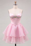 Pink Corset Beaded Ruffled Short Cocktail Dress