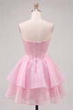 Pink Corset Beaded Ruffled Short Cocktail Dress