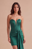 Dark Green Corset Satin Short Cocktail Dress with Sash