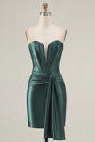 Dark Green Corset Satin Short Cocktail Dress with Sash