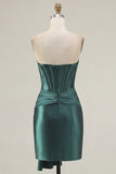 Dark Green Corset Satin Short Cocktail Dress with Sash