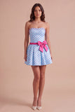 Sky Blue Polka Dots Short Cocktail Dress with Bow