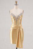 Sparkly Gold Beaded Corset Short Cocktail Dress with Sash