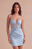 Sparkly Dusty Blue Sequin Corset Short Cocktail Dress