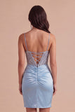 Sparkly Dusty Blue Sequin Corset Short Cocktail Dress
