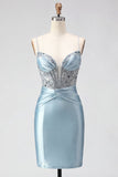 Sparkly Dusty Blue Sequin Corset Short Cocktail Dress