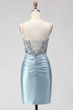 Sparkly Dusty Blue Sequin Corset Short Cocktail Dress