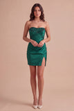 Sparkly Dark Green Sequin Short Cocktail Dress with Slit