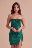 Sparkly Dark Green Sequin Short Cocktail Dress with Slit